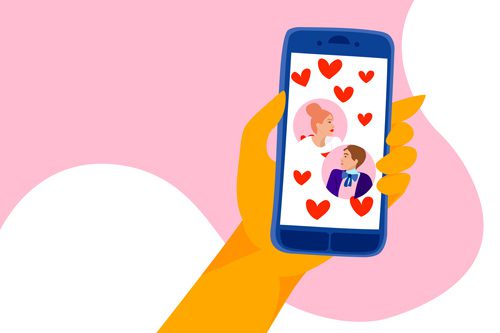 digital illustration of a hand holding a smart phone showing a dating app connection on its screen